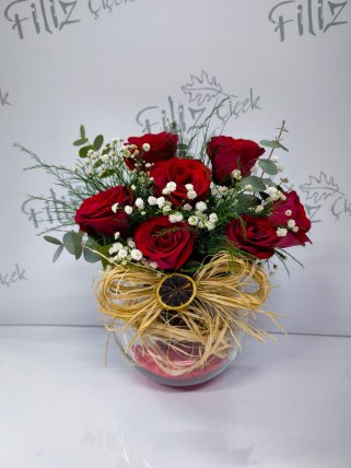 Fanusta 7 Kırmızı Gül 